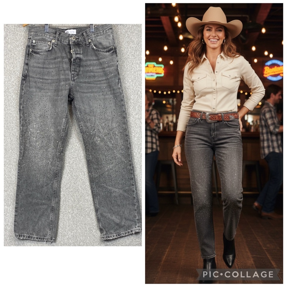 Zara rhinestone encrusted button fly jeans size 6 gray wash straight leg